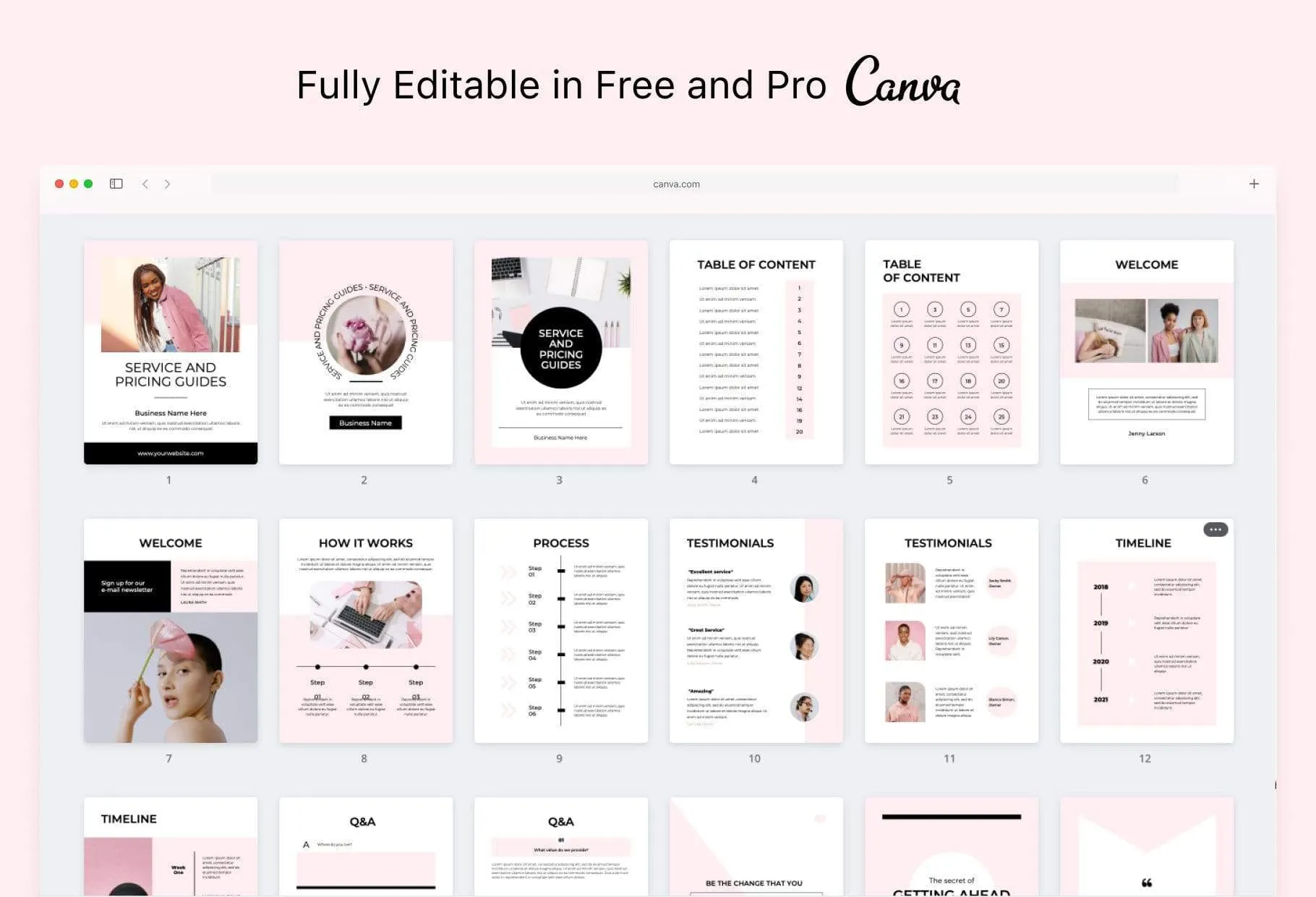 25 Page Service and Pricing Guides Editable Canva Template Chic Collection
