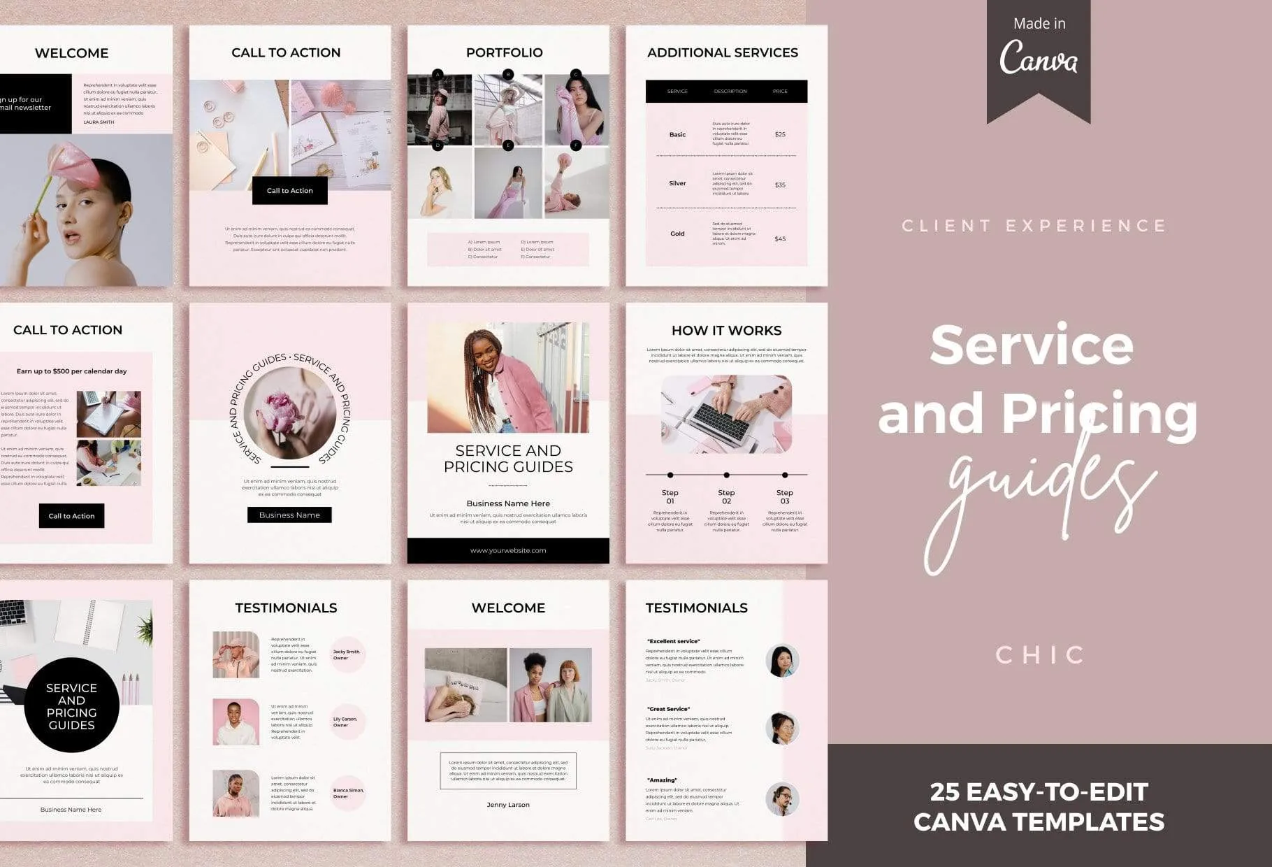25 Page Service and Pricing Guides Editable Canva Template Chic Collection