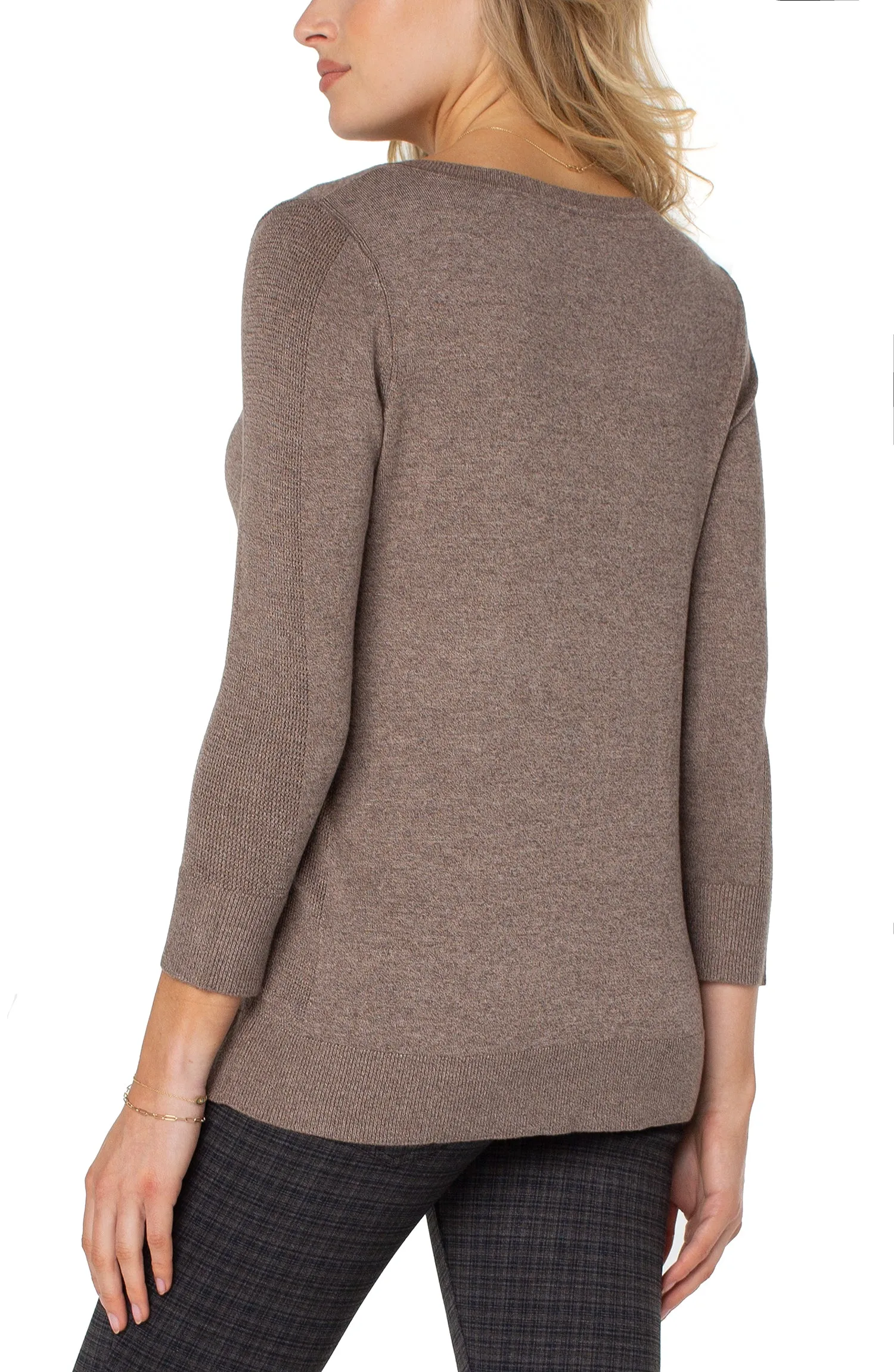 3/4 Sleeve V Neck Sweater w/ Pique Weave