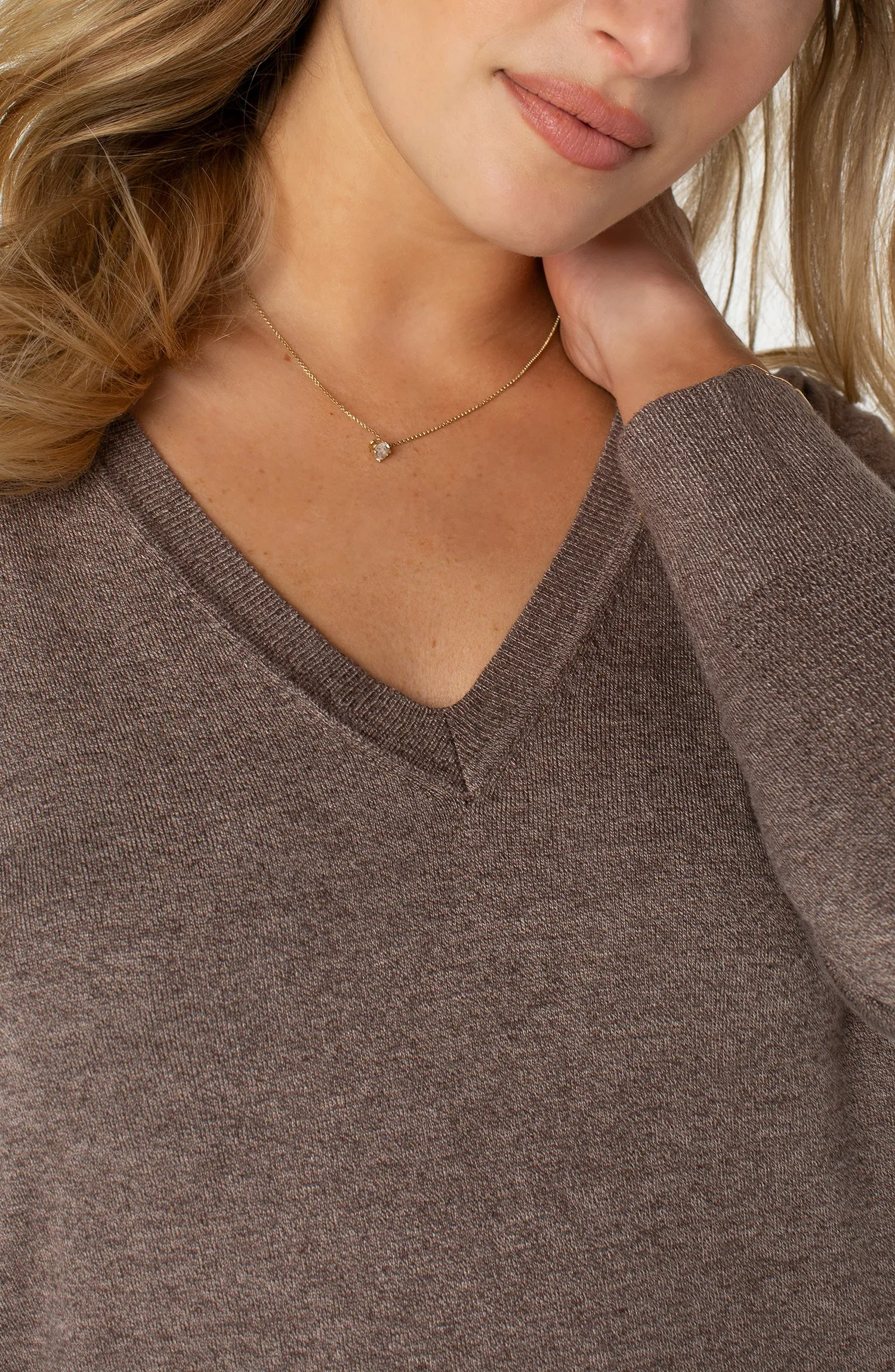 3/4 Sleeve V Neck Sweater w/ Pique Weave