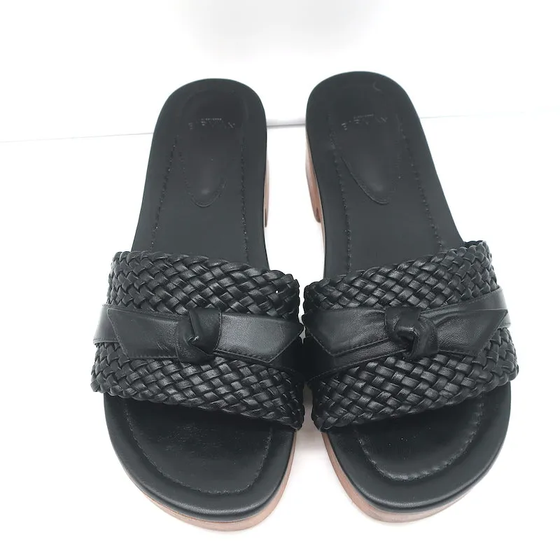 Alexandre Birman Wood Clog Sandals Clarita Black Woven Leather Size 38.5