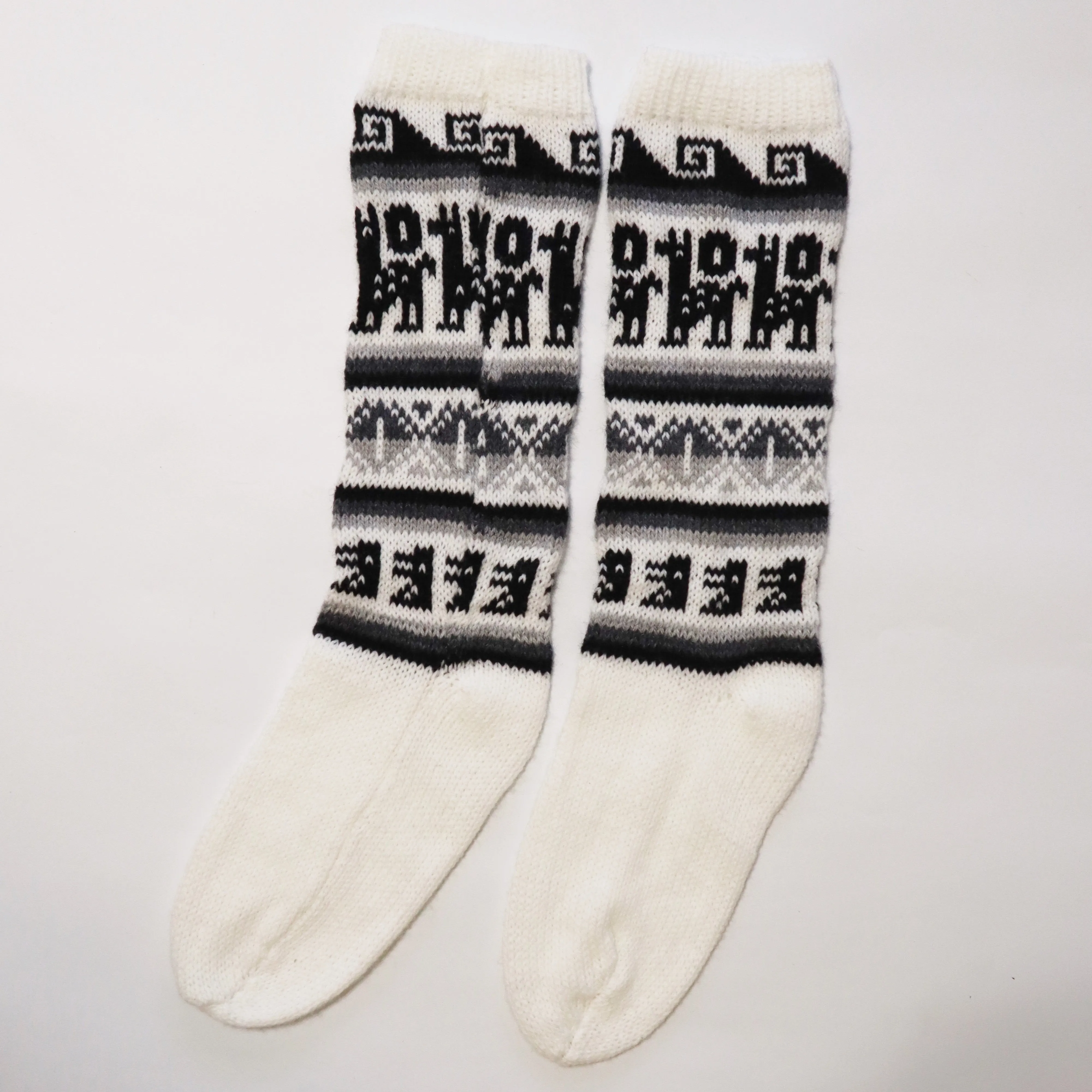 Alpaca Wool Socks Inca and Llama Design Medium White. Socks for Women Fits Sizes 7-9