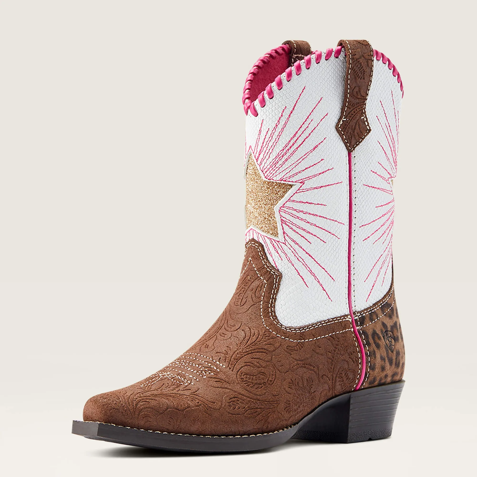 Ariat Kids Brown Heritage Star Snip Toe Western Boots with White & Pink Tops