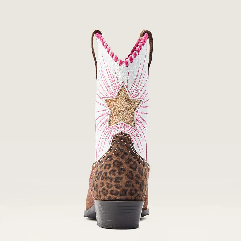 Ariat Kids Brown Heritage Star Snip Toe Western Boots with White & Pink Tops