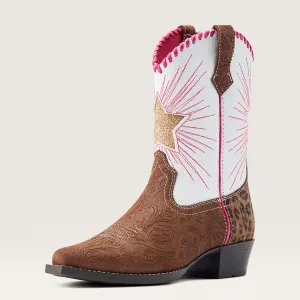 Ariat Kids Brown Heritage Star Snip Toe Western Boots with White & Pink Tops