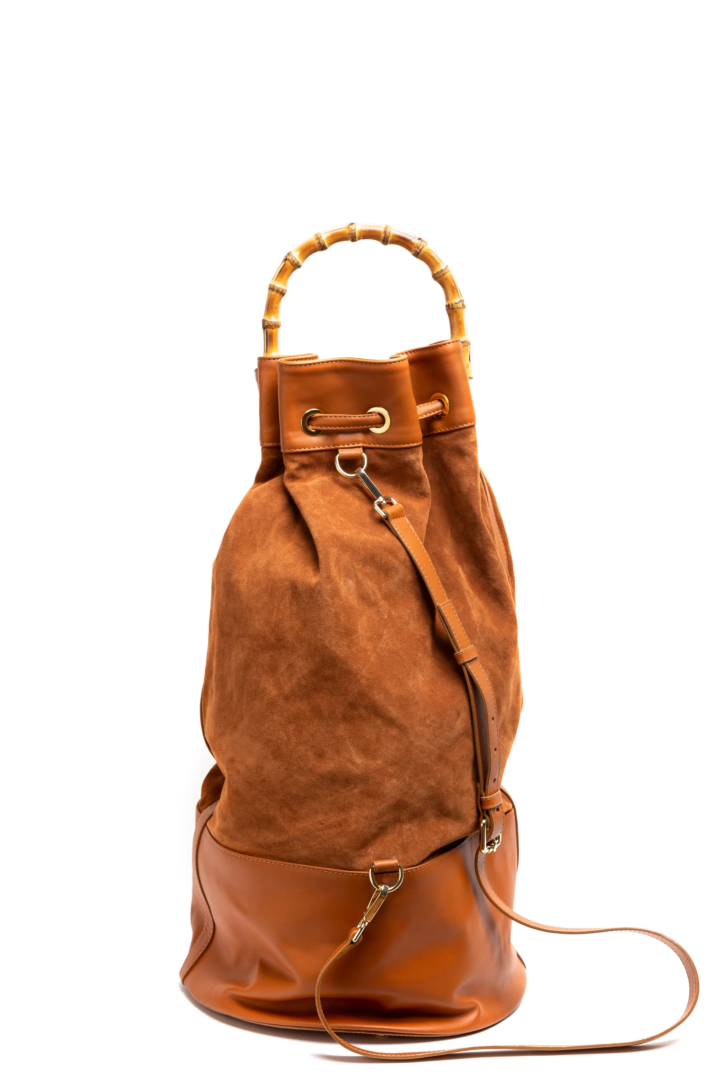 ATLAS Caramel Suede & Leather Sailor Bag w/ Bamboo Handle