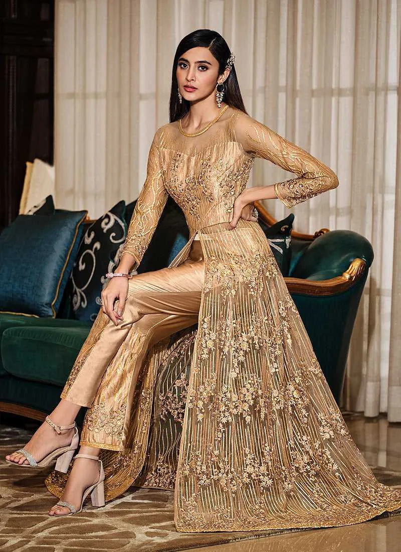 Beige Floral Embroidered Stylish Lehenga/ Pant Style Anarkali
