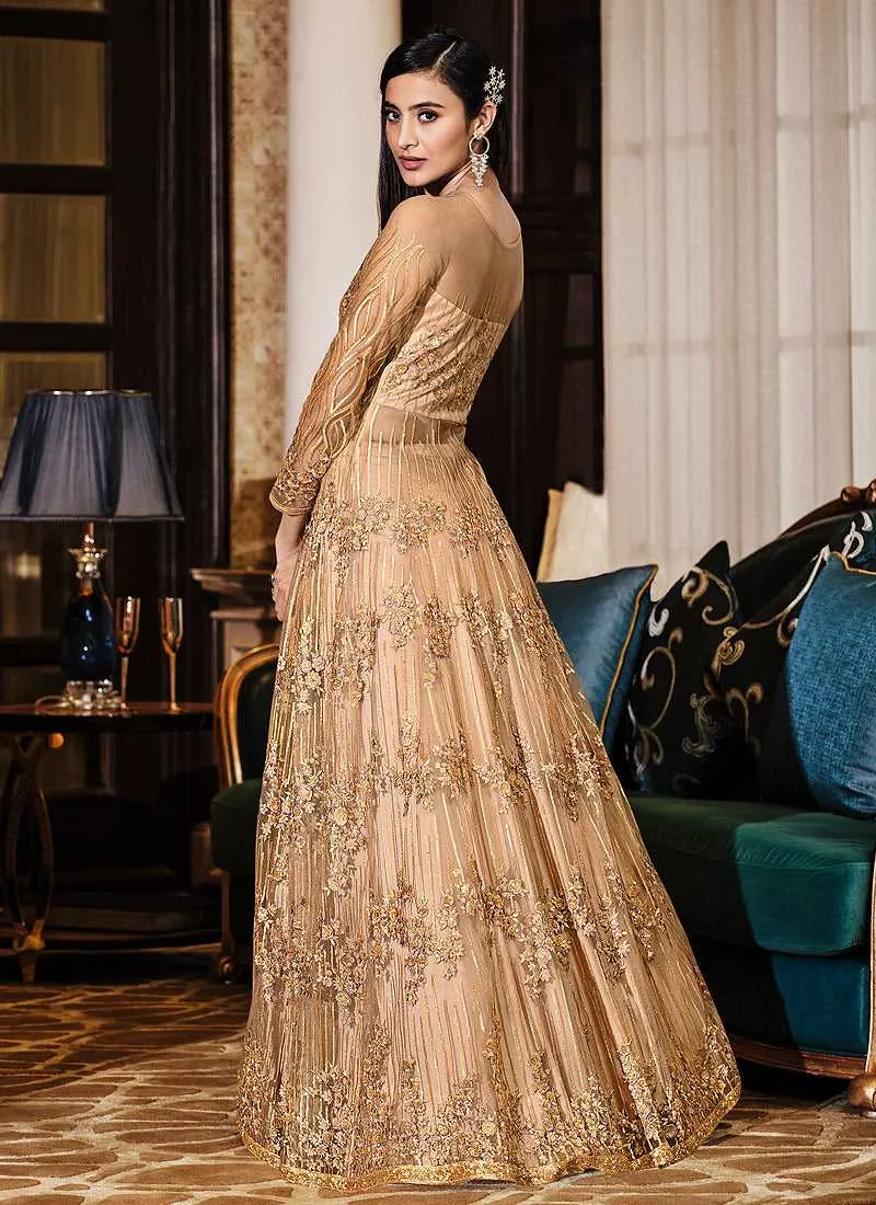 Beige Floral Embroidered Stylish Lehenga/ Pant Style Anarkali