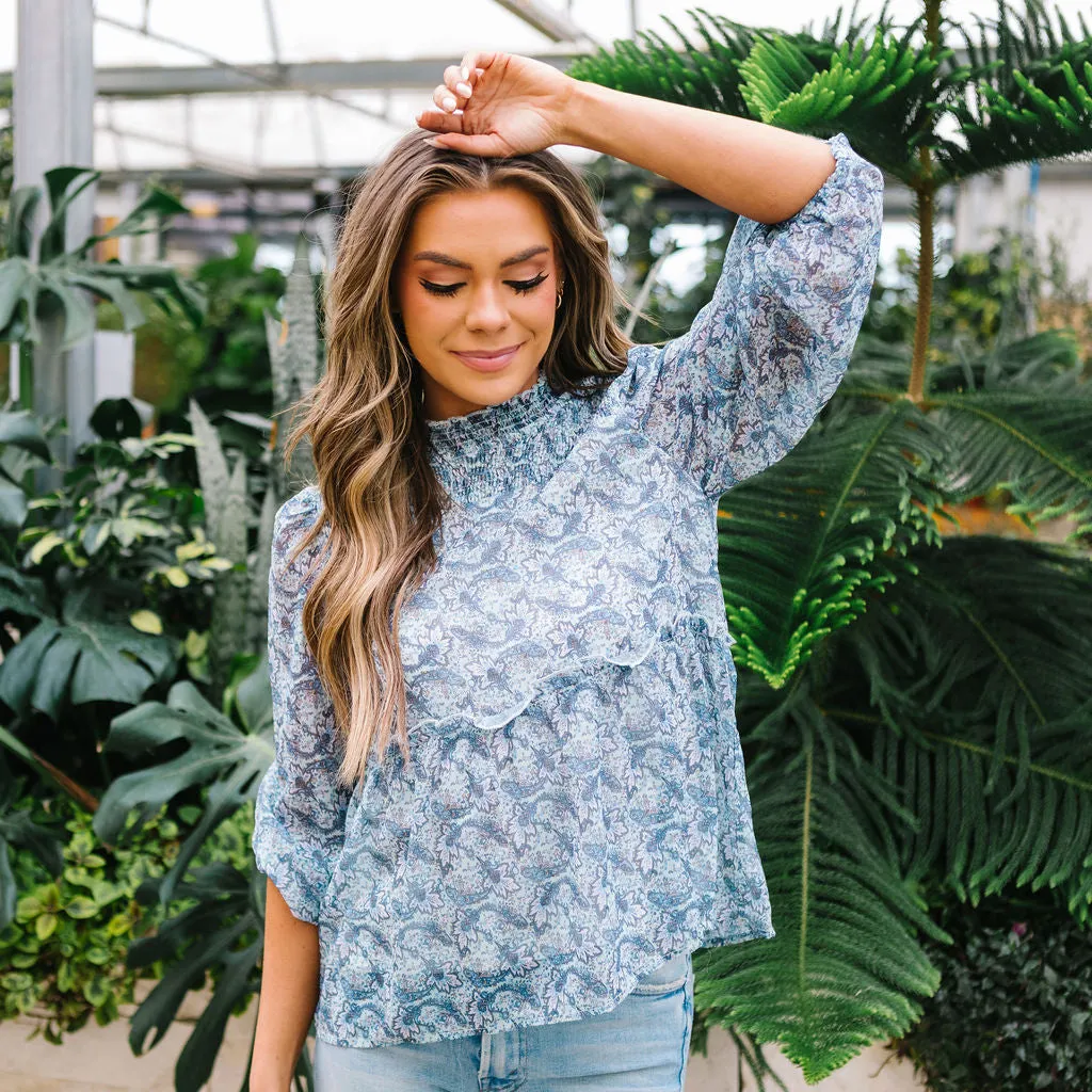 Bella High Neck Blouse in Blue