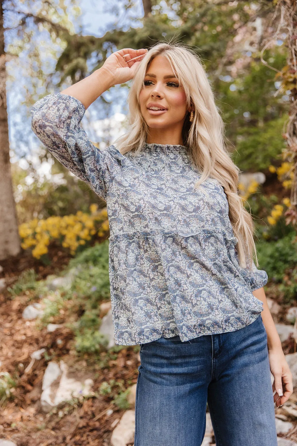 Bella High Neck Blouse in Blue