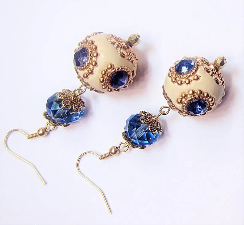 Blue and Ivory Lampwork Earrings, Blue Crystal and Ivory Earrings