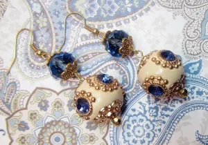 Blue and Ivory Lampwork Earrings, Blue Crystal and Ivory Earrings