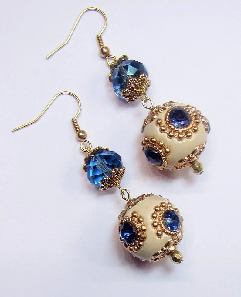 Blue and Ivory Lampwork Earrings, Blue Crystal and Ivory Earrings