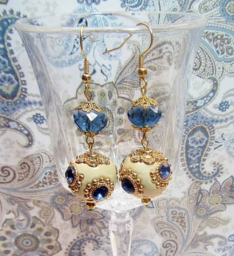 Blue and Ivory Lampwork Earrings, Blue Crystal and Ivory Earrings