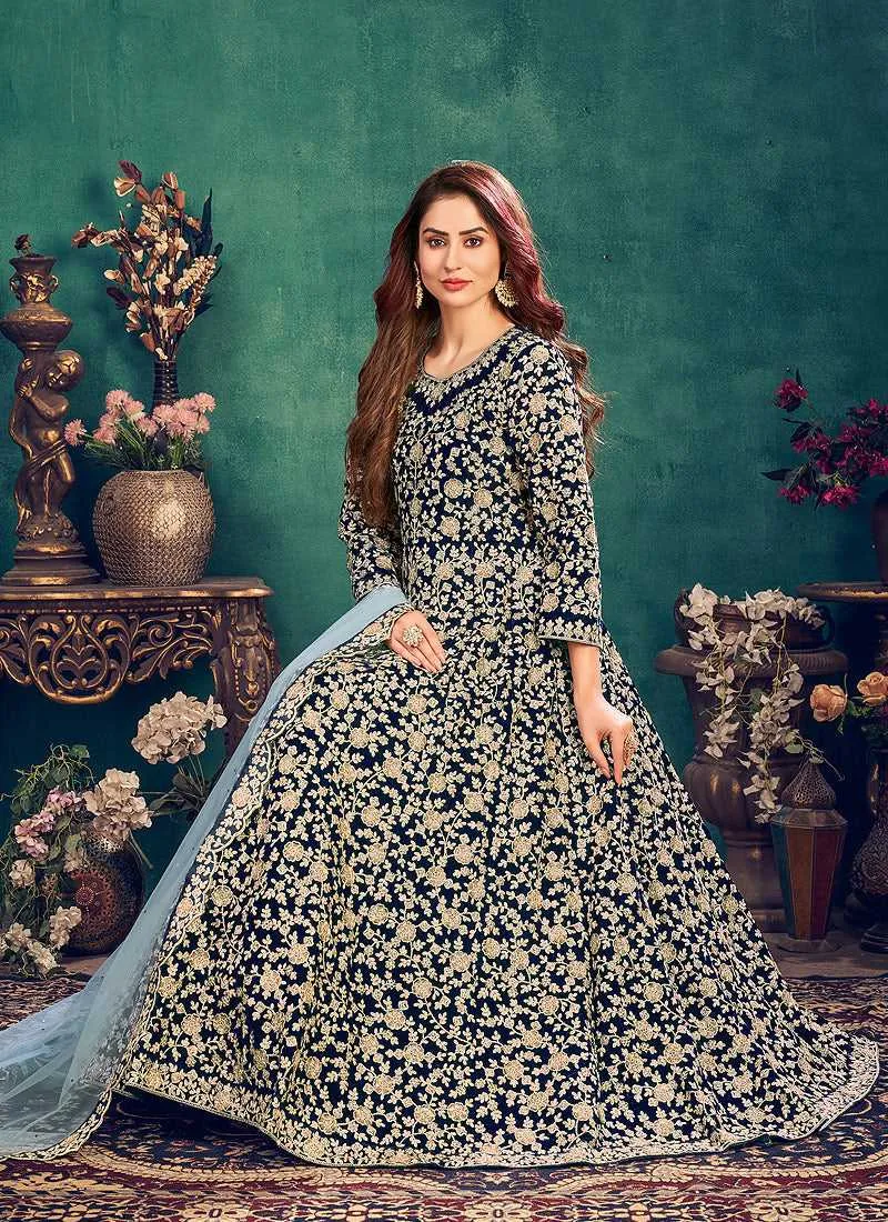 Blue Heavy Embroidered Stylish Velvet Anarkali Suit