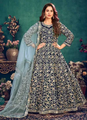 Blue Heavy Embroidered Stylish Velvet Anarkali Suit