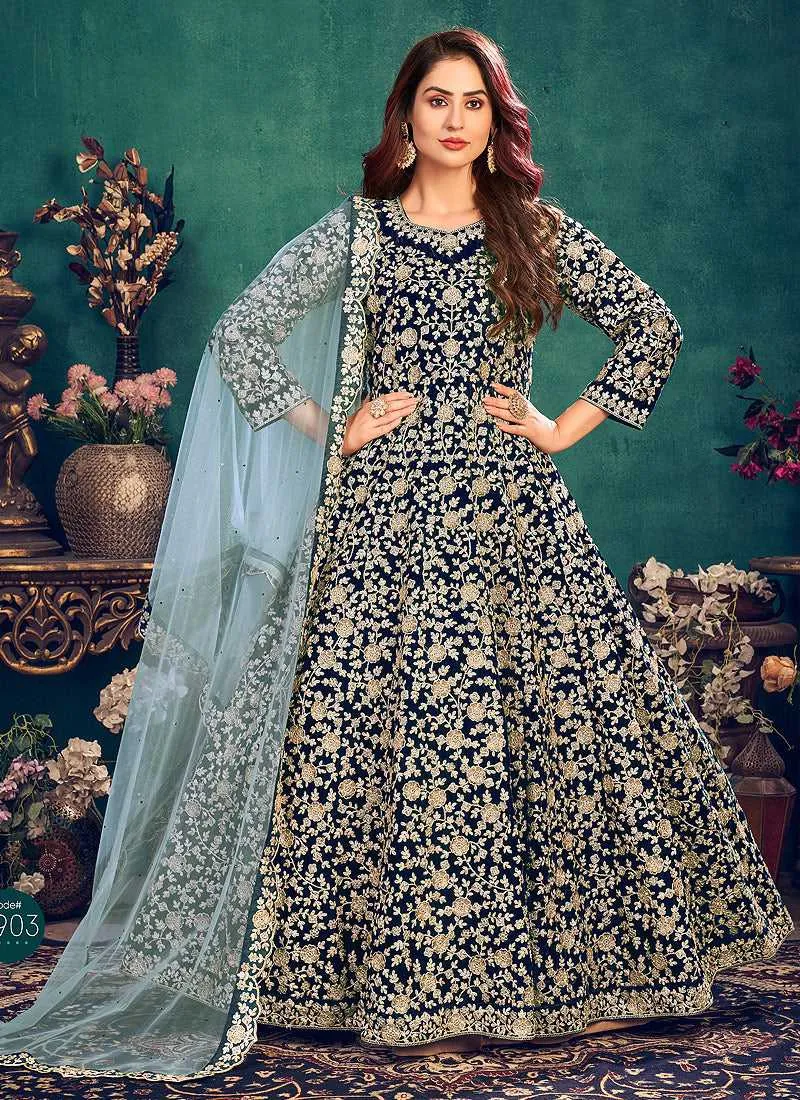 Blue Heavy Embroidered Stylish Velvet Anarkali Suit