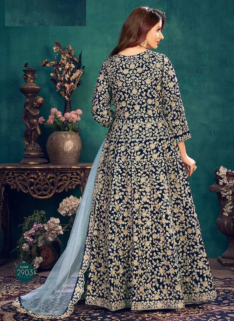Blue Heavy Embroidered Stylish Velvet Anarkali Suit