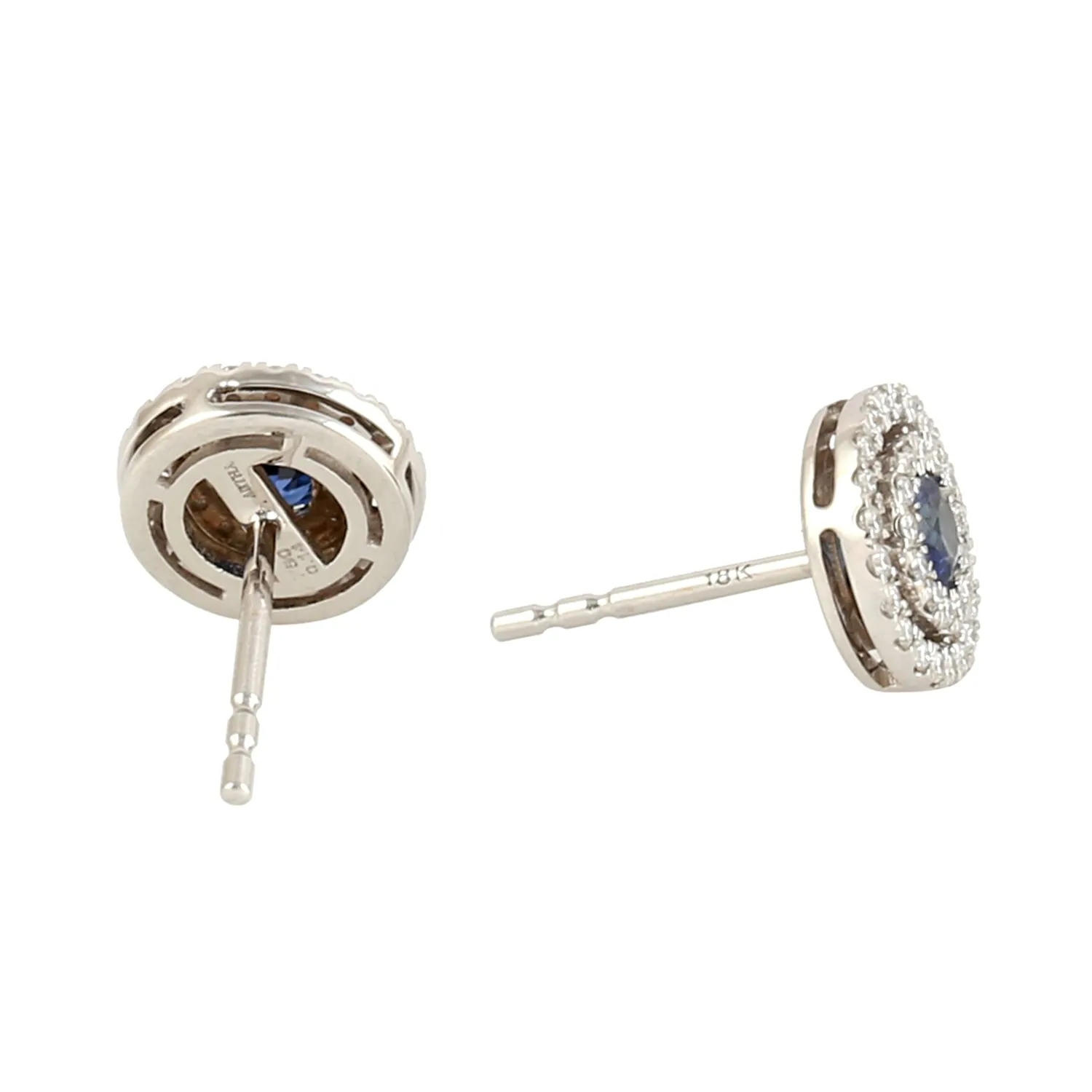 Blue Sapphire Pave Natural Diamond Stylish Stud Earrings In 18K White Gold