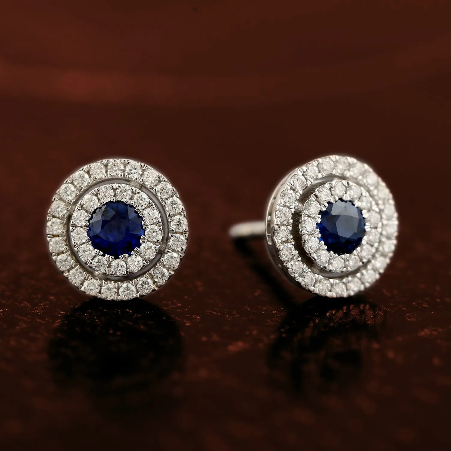 Blue Sapphire Pave Natural Diamond Stylish Stud Earrings In 18K White Gold