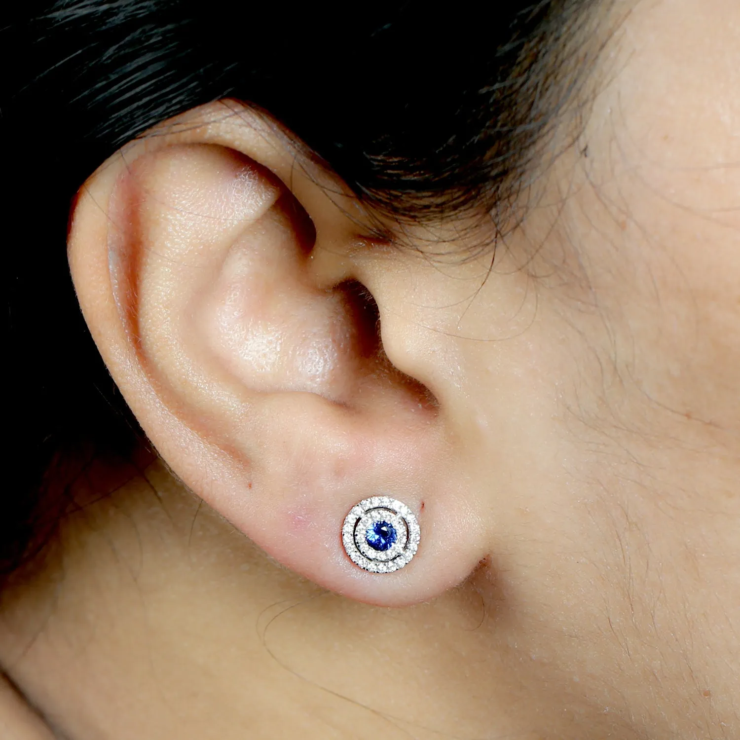 Blue Sapphire Pave Natural Diamond Stylish Stud Earrings In 18K White Gold