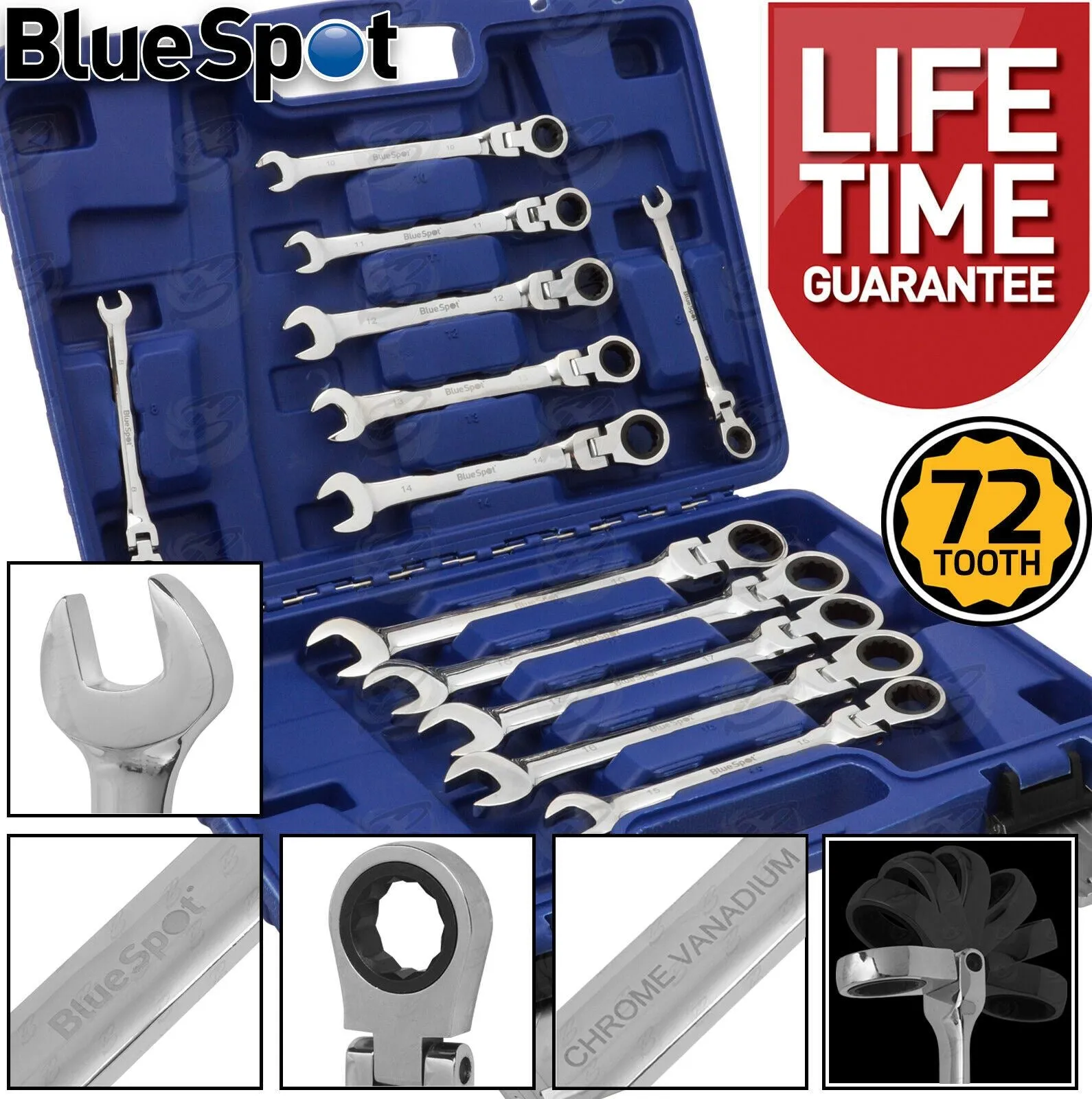 BLUESPOT 12PCS COMBINATION FLEXIBLE RATCHET SPANNER SET 8MM - 19MM