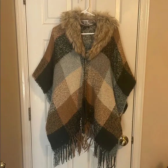 Boston Proper Plaid Poncho with Faux Fur Collar