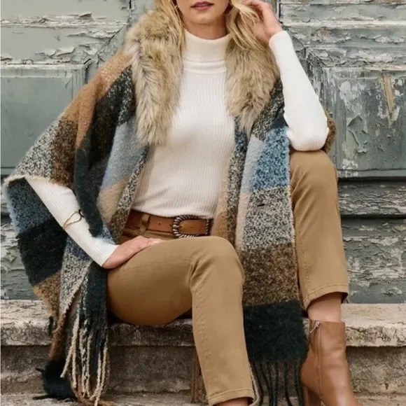 Boston Proper Plaid Poncho with Faux Fur Collar