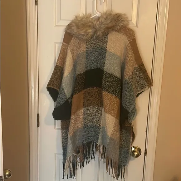 Boston Proper Plaid Poncho with Faux Fur Collar