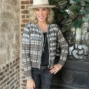 Cabi Classic Cardigan #4097 Gray Brown White M