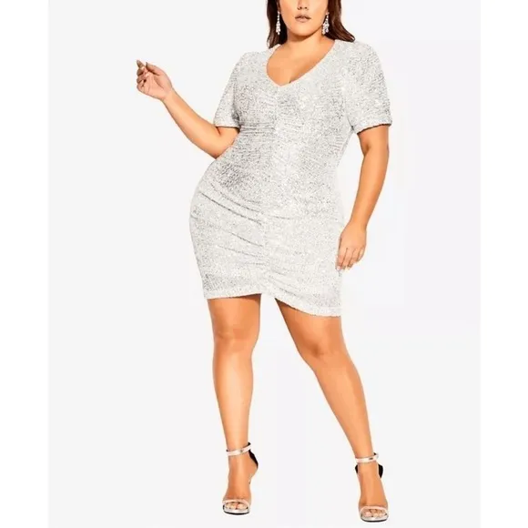 City chic Bright Nights Ruched Silver Sequin Short Sleeve Mini Party Dress 20 L