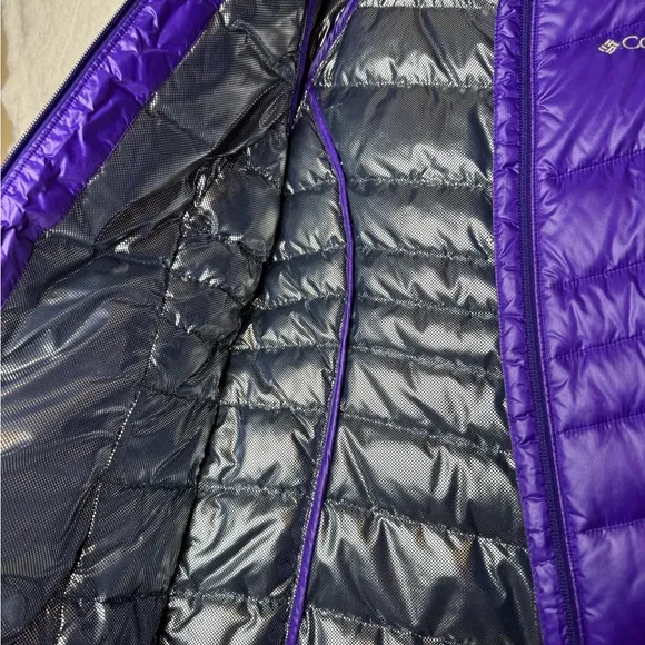 Columbia Turbo Down 650 Purple Jacket Coat Full Zip Omni Heat Warm Ski Cabin