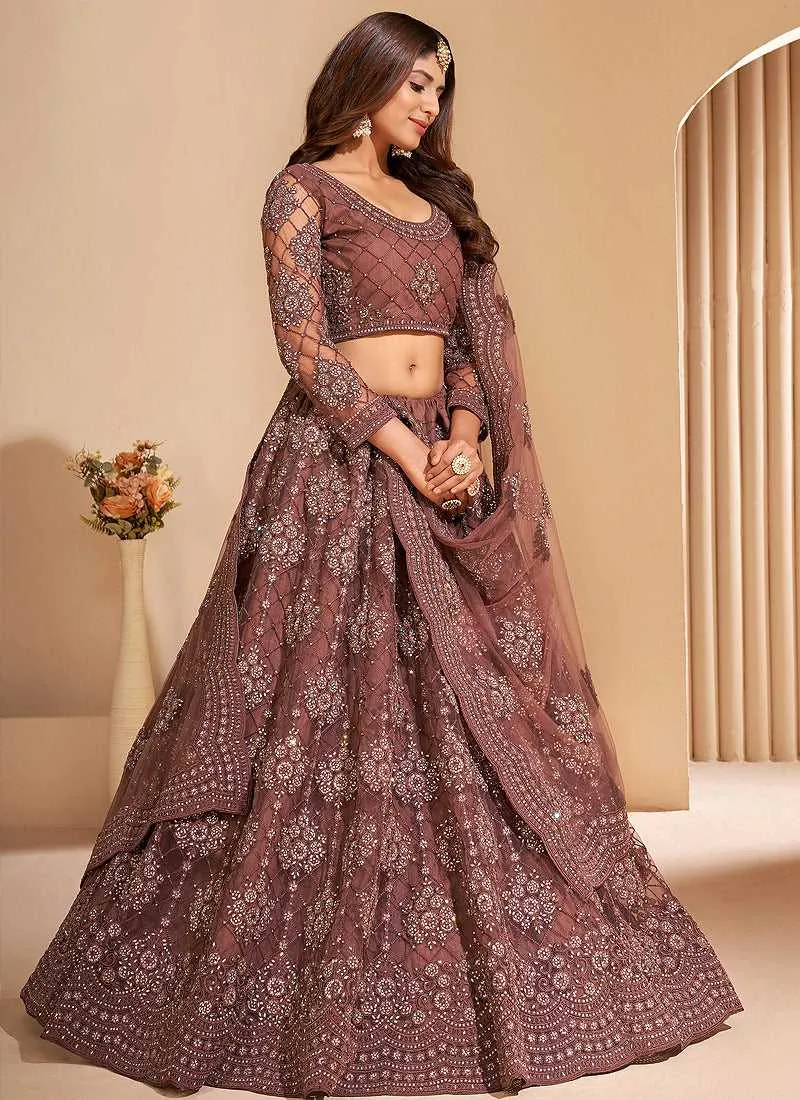Dark Brown Floral Embroidered Stylish Lehenga Choli