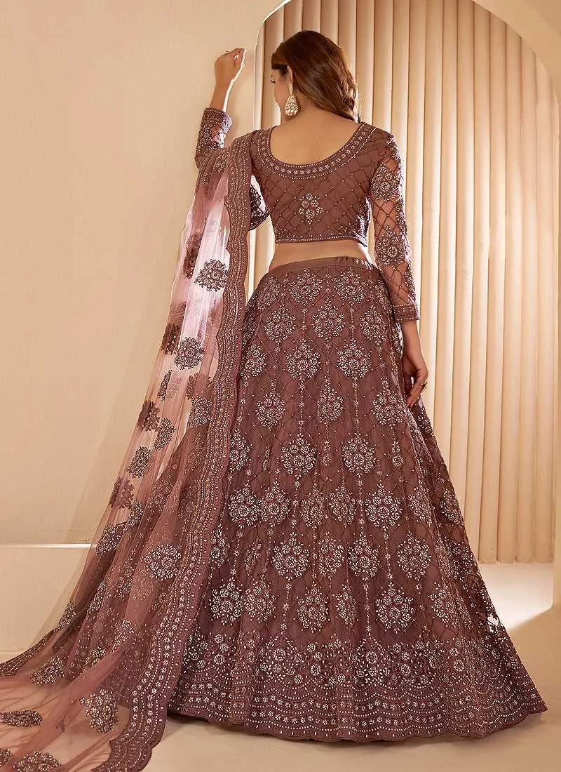 Dark Brown Floral Embroidered Stylish Lehenga Choli