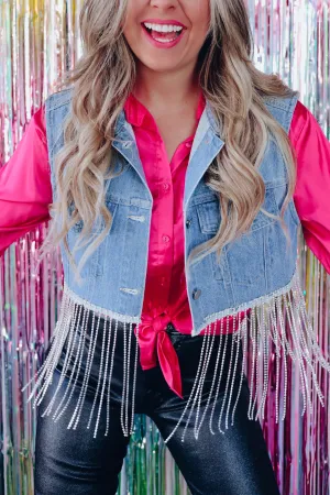 Dashing Denim Rhinestone Fringe Vest