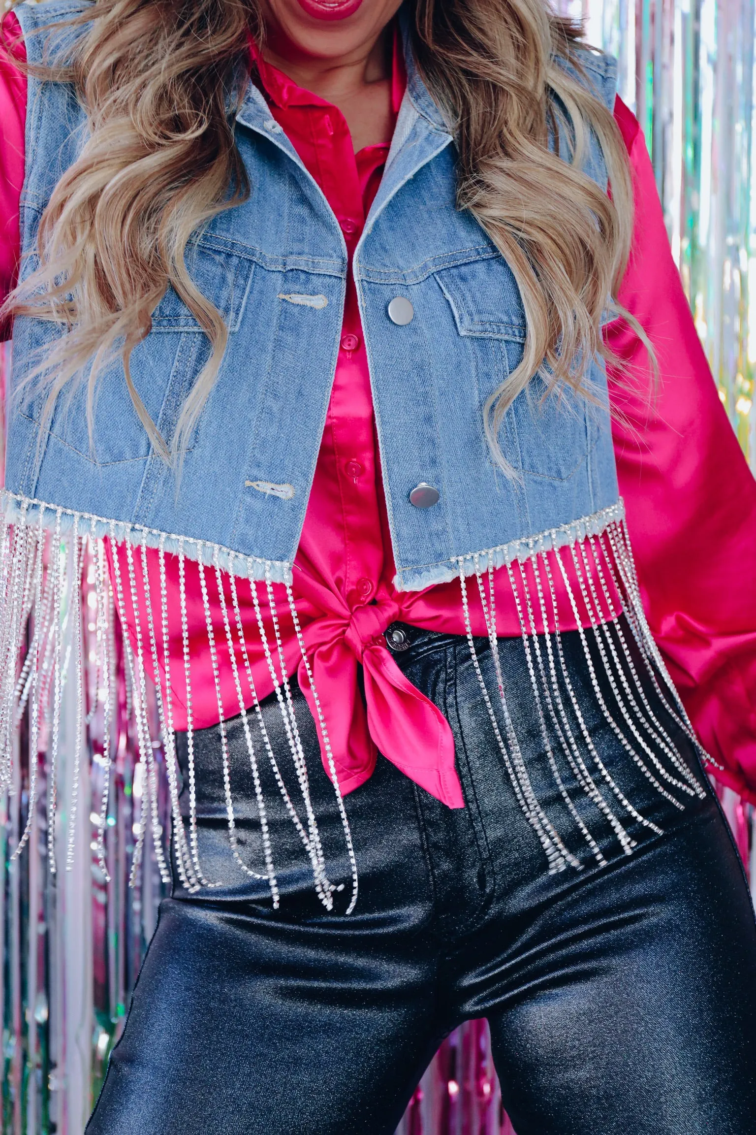 Dashing Denim Rhinestone Fringe Vest