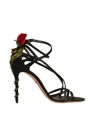 Dolce&Gabbana Women Black Sandals Viscose Floral High Heel Strappy Shoes EUR 39