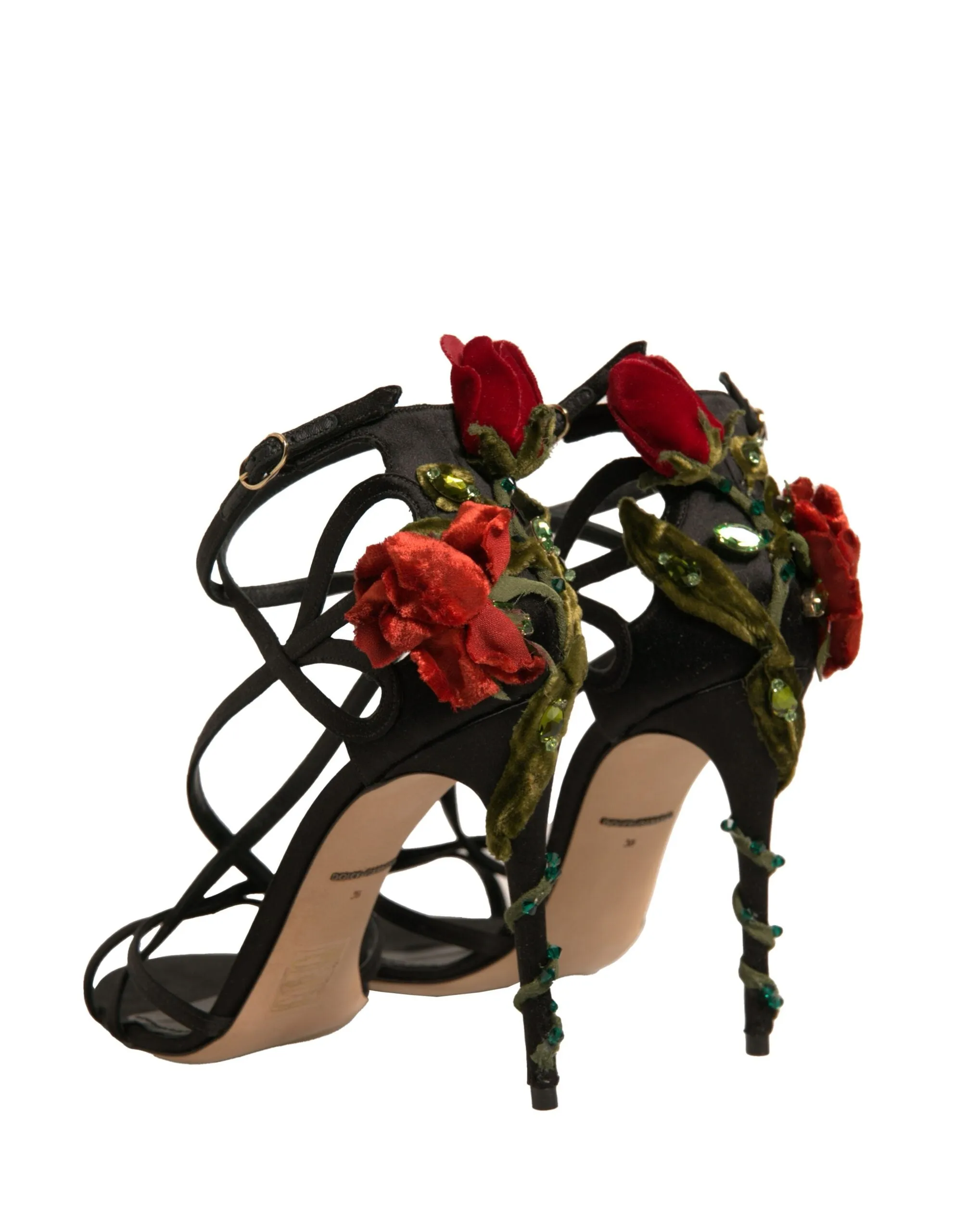 Dolce&Gabbana Women Black Sandals Viscose Floral High Heel Strappy Shoes EUR 39
