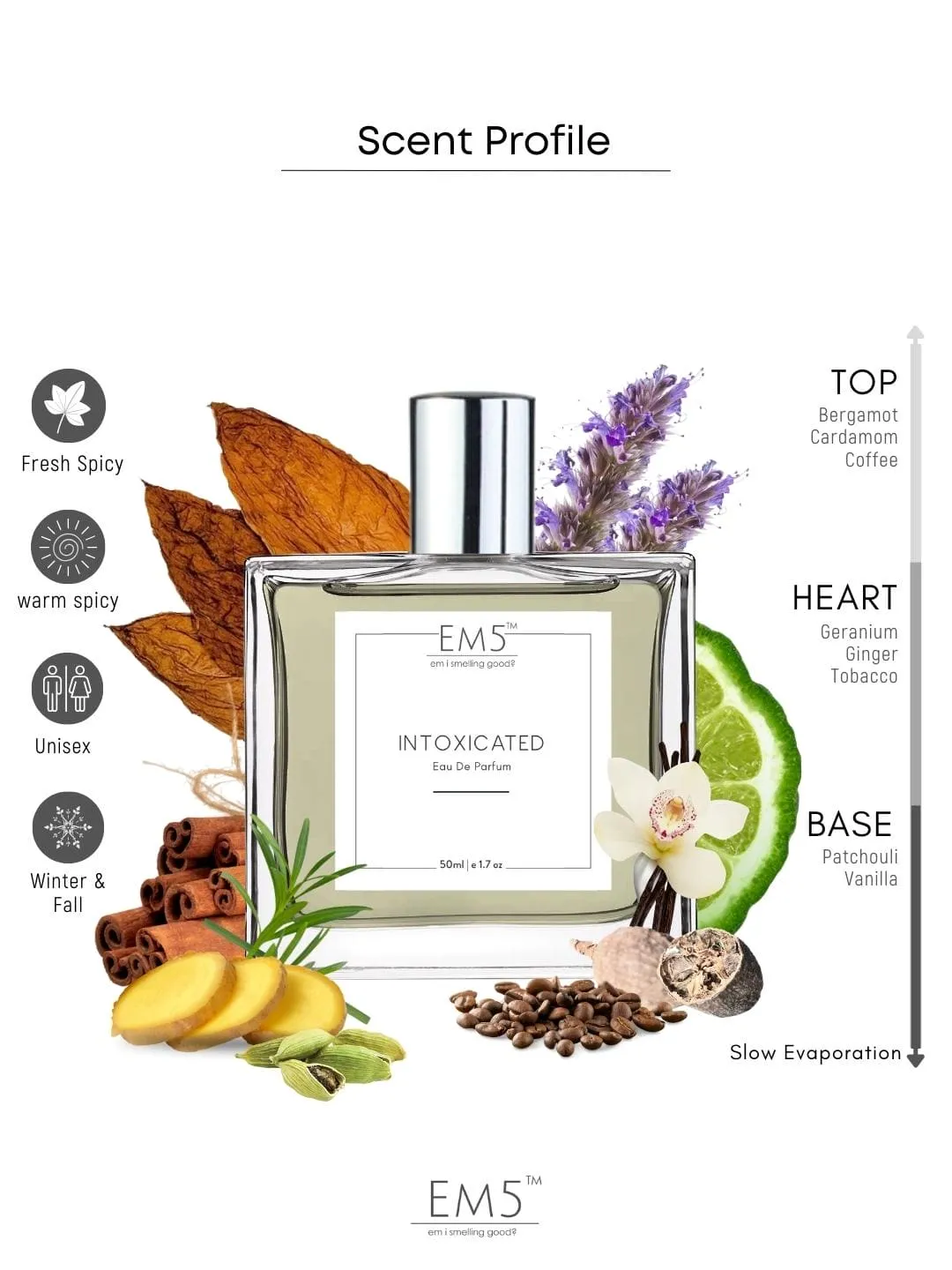 EM5™ Intoxicated Unisex Perfume | Eau de Parfum Spray for Men & Women | Cinnamon Warm Spicy Fragrance Accords | Luxury Gift for Him & Her | Sizes Available: 50 ml / 15 ml