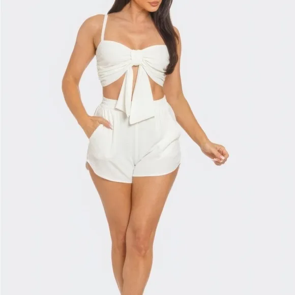 Front Bow Twisted Tie Top And Shorts Set