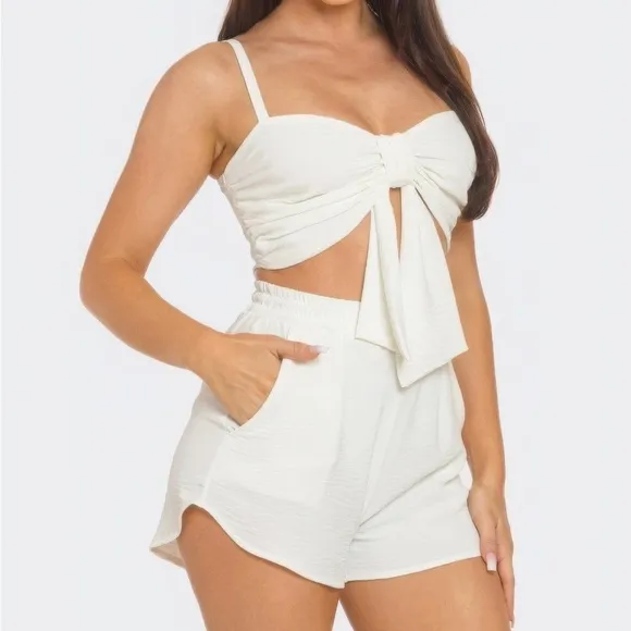 Front Bow Twisted Tie Top And Shorts Set