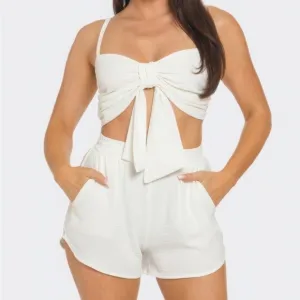 Front Bow Twisted Tie Top And Shorts Set