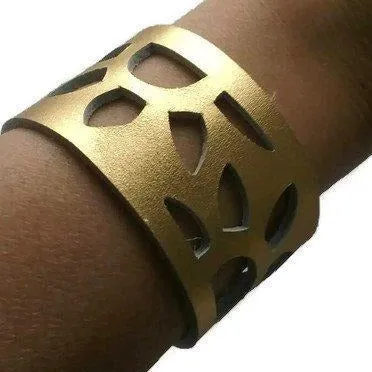 Gold Color Reclaimed Leather Cuff Bracelet. Golden "Sunflowers" Leather Band