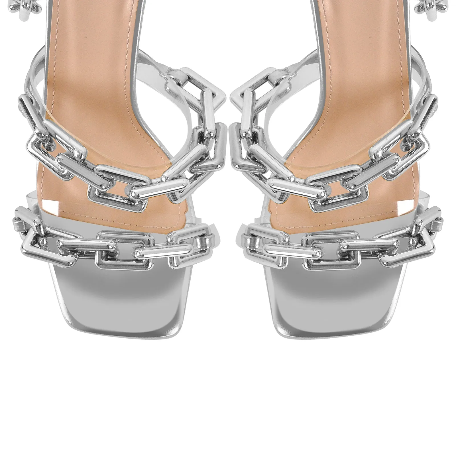 Gold Square Toe Metal Chain Lace-up Stiletto Sandals