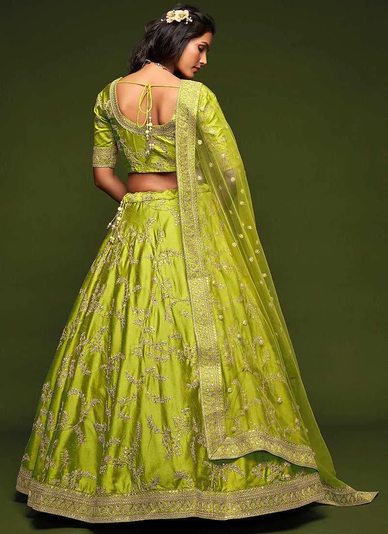 Green And Gold Silk Embroidered Stylish Lehenga Choli