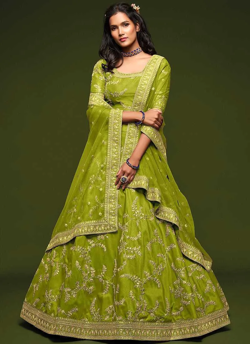Green And Gold Silk Embroidered Stylish Lehenga Choli