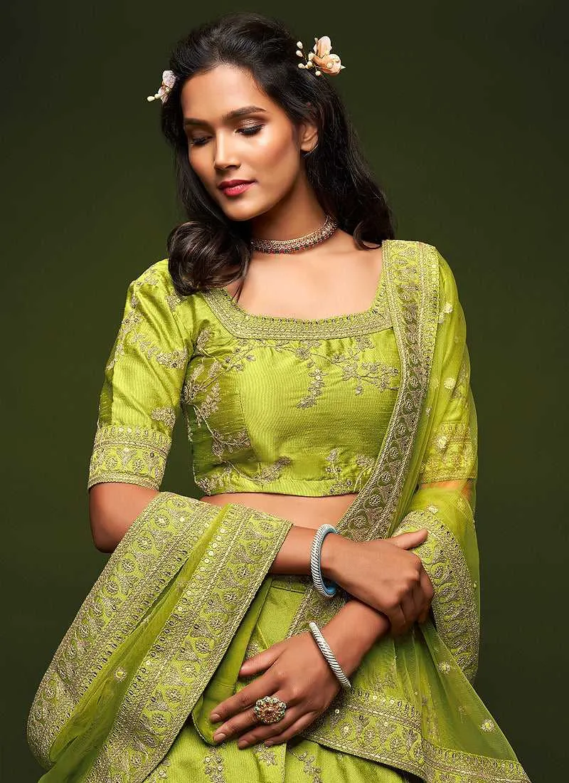Green And Gold Silk Embroidered Stylish Lehenga Choli