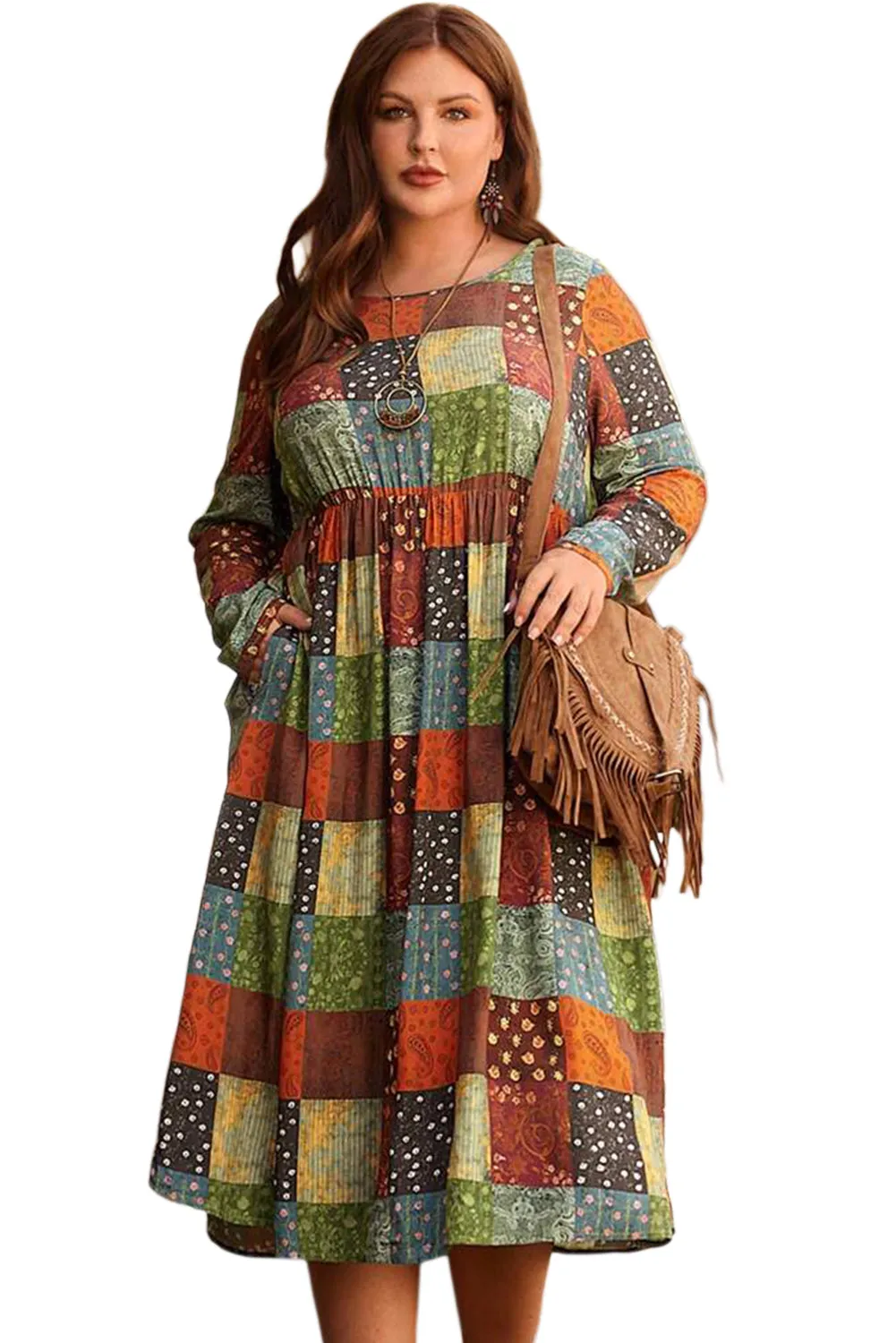 Green Printed Multicolor Western Checkered Plus Size Swing Dress