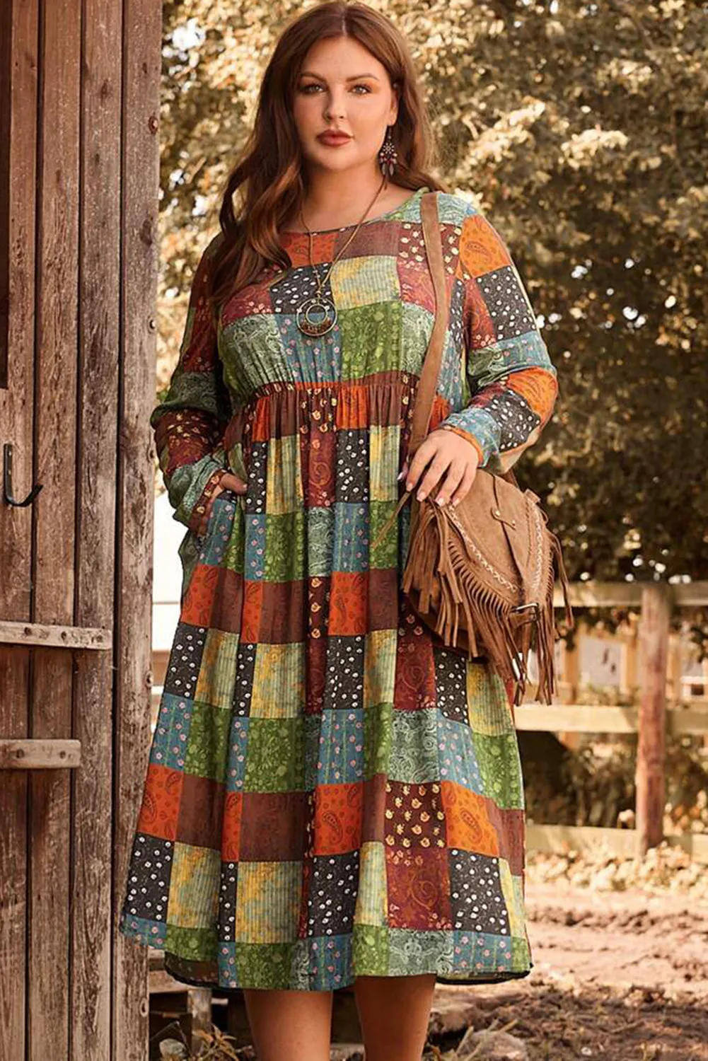 Green Printed Multicolor Western Checkered Plus Size Swing Dress