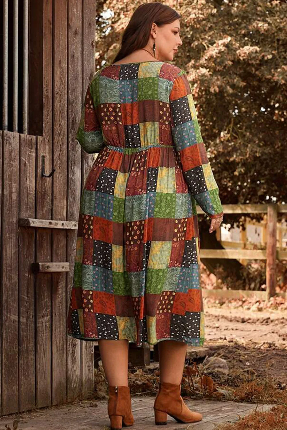 Green Printed Multicolor Western Checkered Plus Size Swing Dress